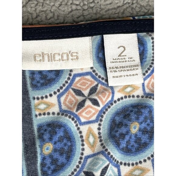 Chicos 2 Top US L/12 Blue Orange Geometric Stretch Dolman Ruched Office Church - Picture 3 of 12